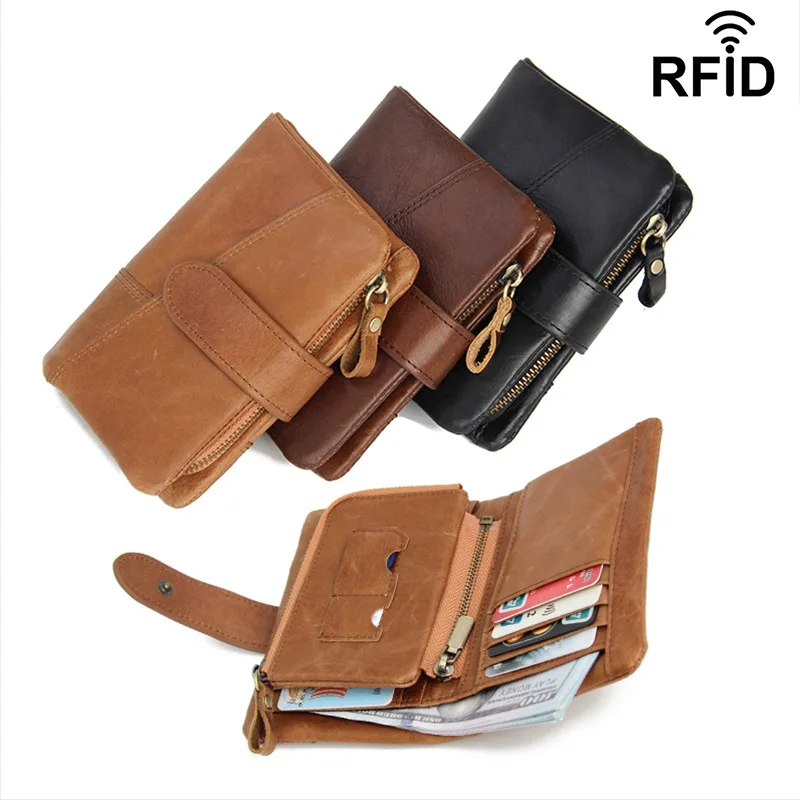 Crazy Horse Leather First Layer Cowhide RFID Men's Folding Wallet Short Multi-function Multi-Card Strap Leather Wallet