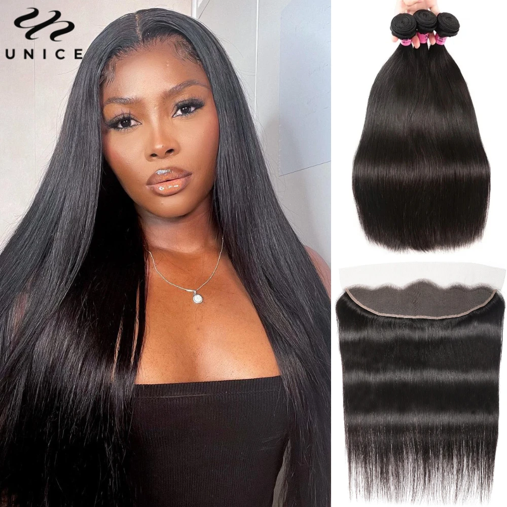 Unice-Straight Pacotes de cabelo humano, 13x4 Lace Frontal, Parte livre, 100% cabelo humano, negócio, 3pcs