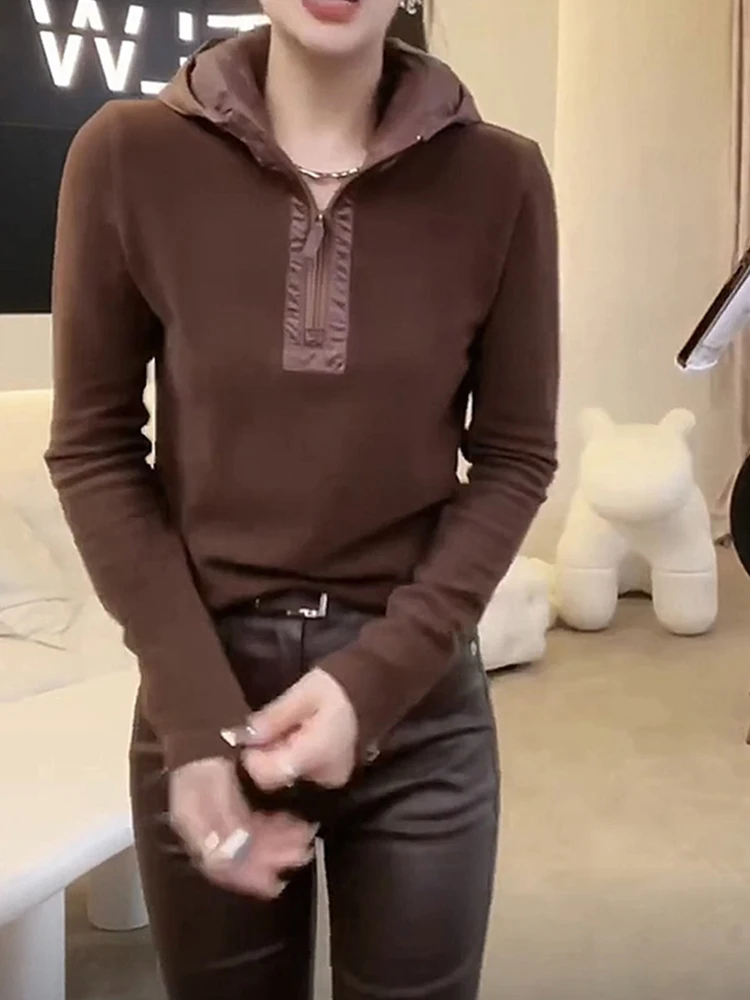 تصميم الإحساس f سستة مقنعين رداء علوي من الصوف الخريف عادية التخسيس قاعدة طبقة طويلة Sve العلوي المرأة Faion