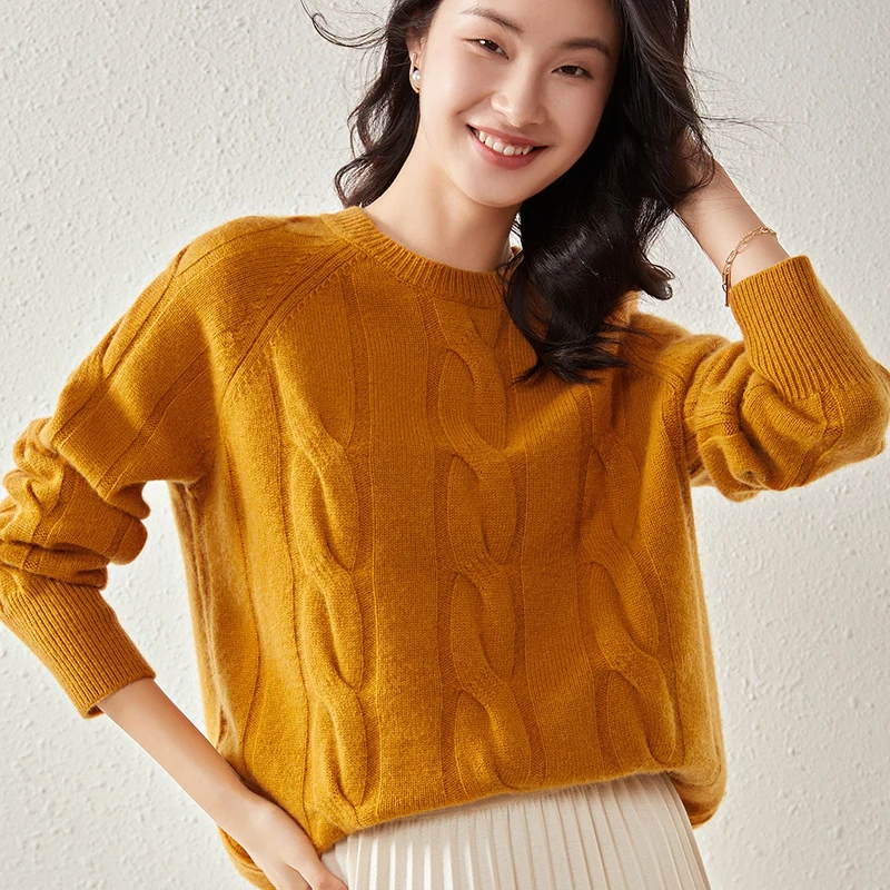 เสื้อไหมแคชเมียร์ถักลายดอกบิดเกลียว คอกลม แขนยาว สำหรับผู้หญิง ดีไซน์หรูหรา สไตล์ชาติพันธุ์ สำหรับฤดูใบไม้ร่วงและฤดูหนาว ผลิตจากไหมแคชเมียร์แท้ 100%