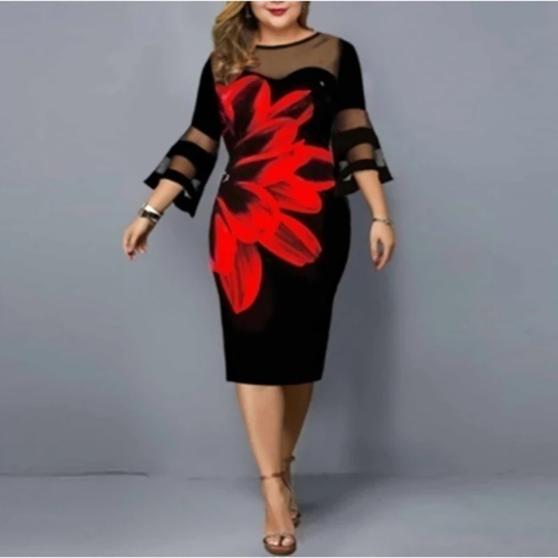 Plus Size 5XL Mesh Patchwork Women Dress 2023 Spring Vintage Floral Printed Elegant Ladies Party Dresses Casual Female Vestidos