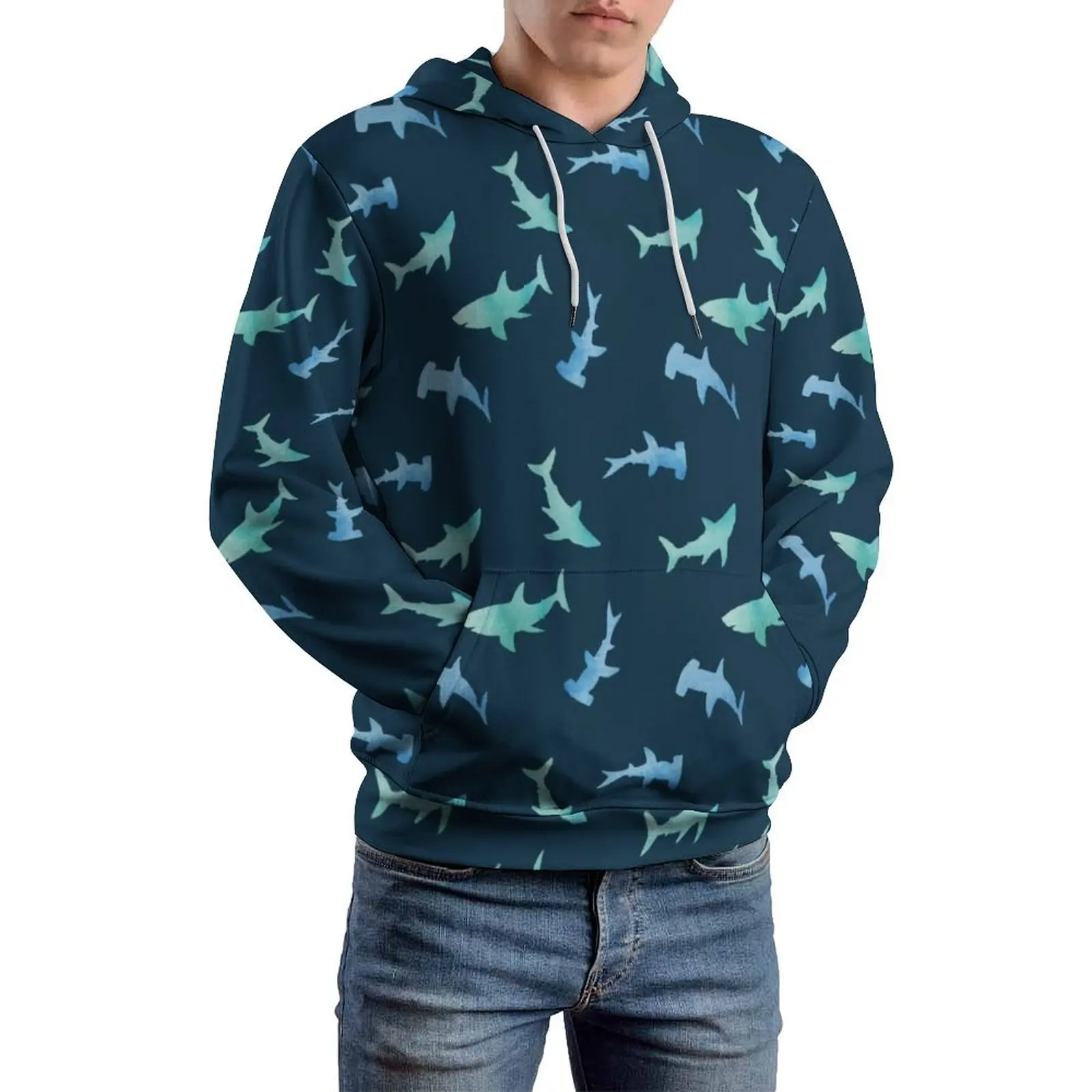 

Swimming Shark Loose Hoodies Watercolor Animal Print Casual Hoodie Men Long-Sleeve Y2k Graphic Hooded Sweatshirts 4XL 5XL 6XL