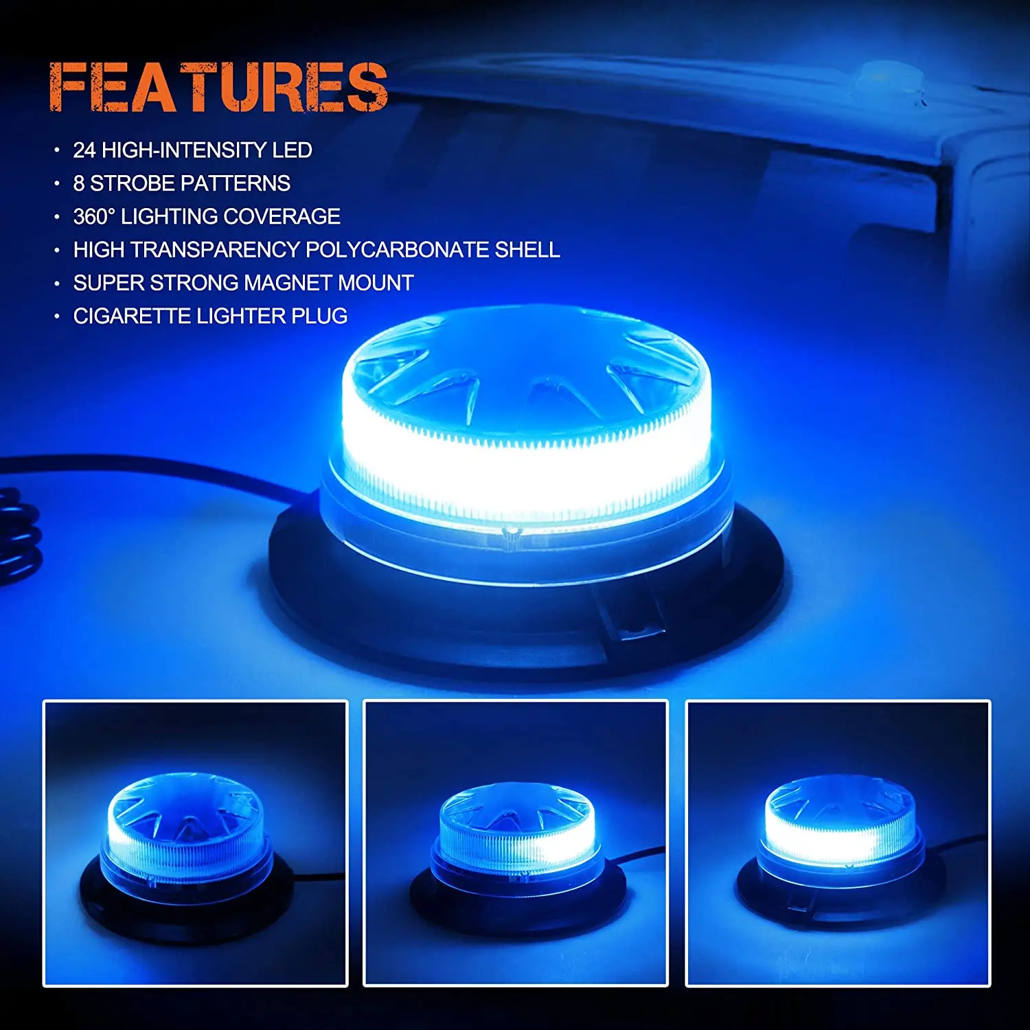 cigarette lighter strobe light Magnetic Base LED Blue Emergency Strobe Light Car Police Roof Flashing  Hazard Warning Light 12V/24V Vehicle Safety Beacon Lamp