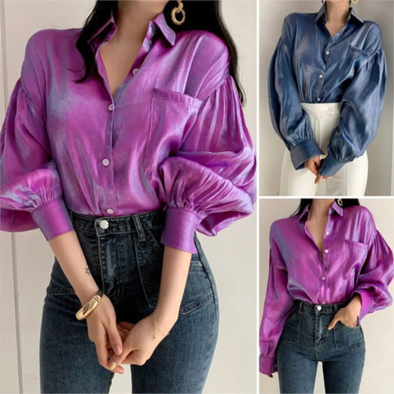 Spring Autumn Shirts Elegant Bright Blouse Tops Fashion Button Lapel Shirt Female Loose Long Sleeve Shirt Oversize Top Blusas