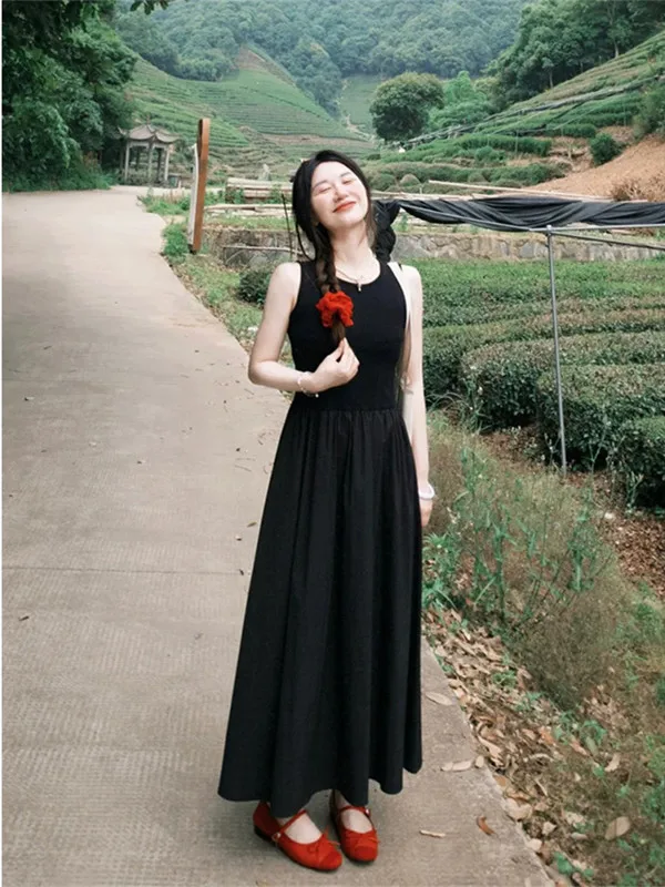 

Летний новый комплект: платье-сарафан в стиле Хепберн с длинной юбкой и топом на бретельках, с круглым вырезом, в стиле Ins.