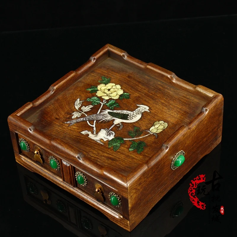 Rosewood Shell Nut Inlaid Wedding Brow Jewelry Box Solid Wood Carving Storage Wooden Box