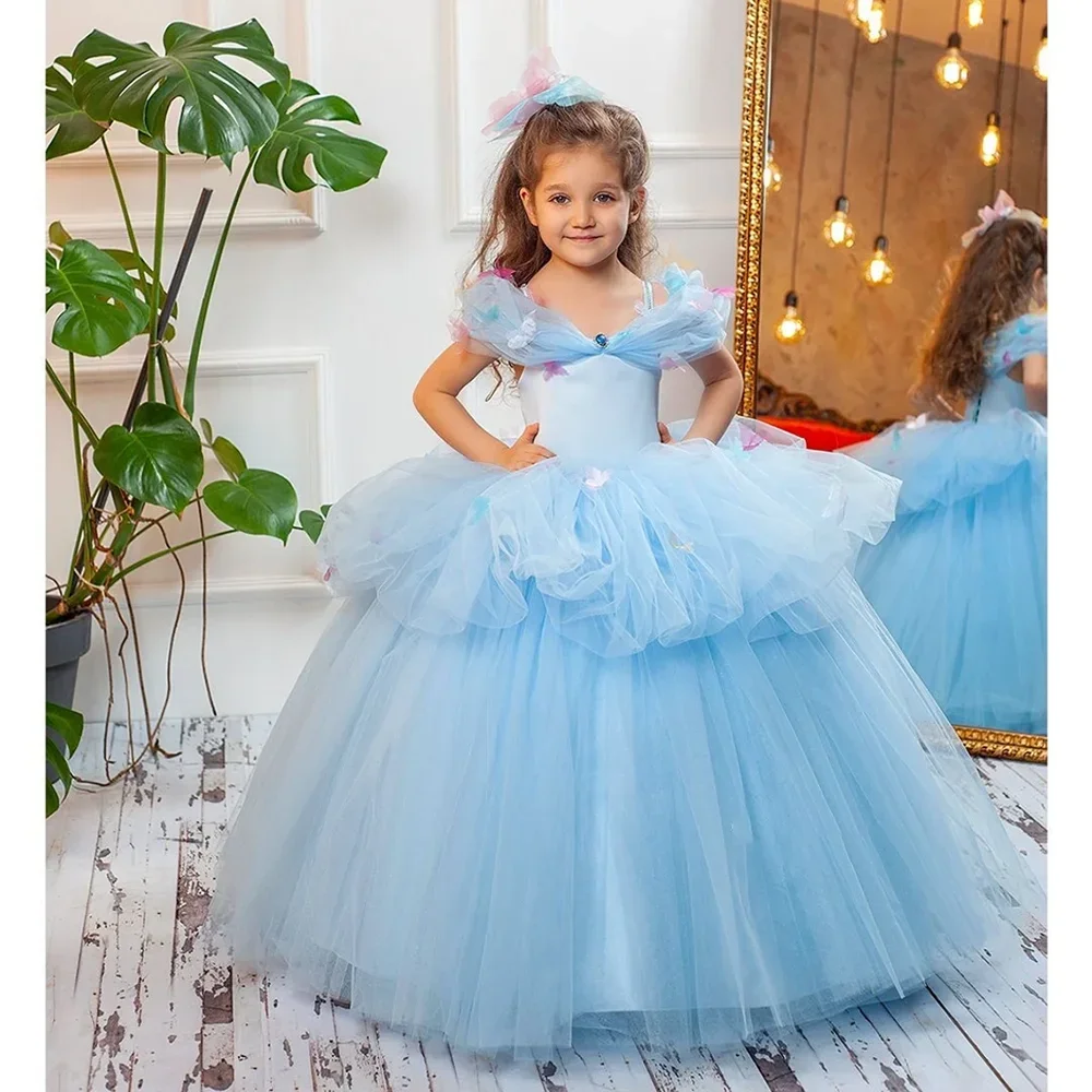 Gorgeous Light Blue Girl Princess Dress Fashion Spaghetti Straps Pleat Floor Length Ball Gowns Party Christmas Gift Dresses