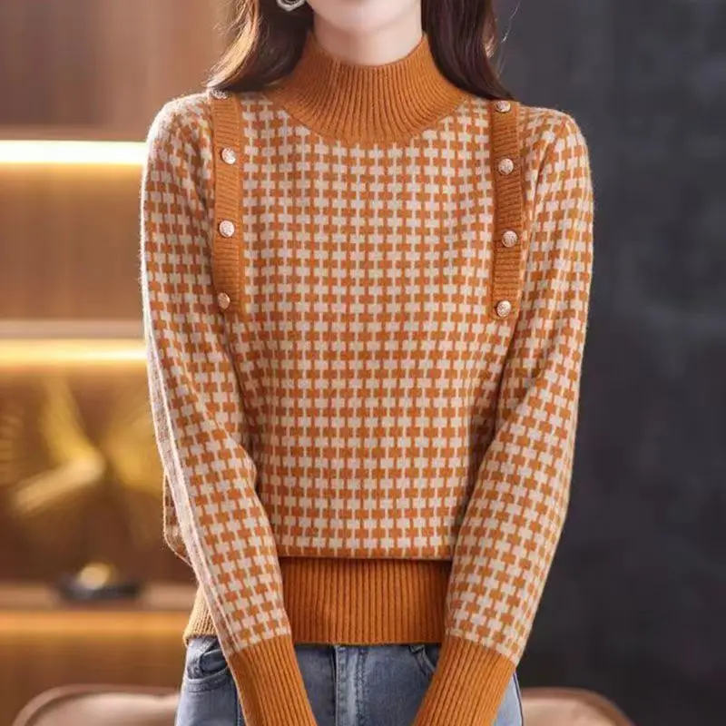 2023 Autumn and Winter Women's Half High Neck Simple Loose Knitted Shirt Thickened and Comfortable Versatile Knitted Top