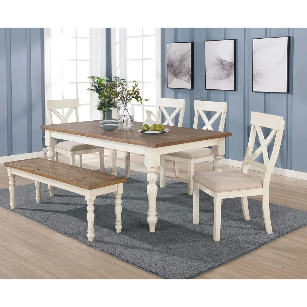 6-Piece Dining Table Set with Cross Back Chairs and Bench,  Distressed Oak Finish