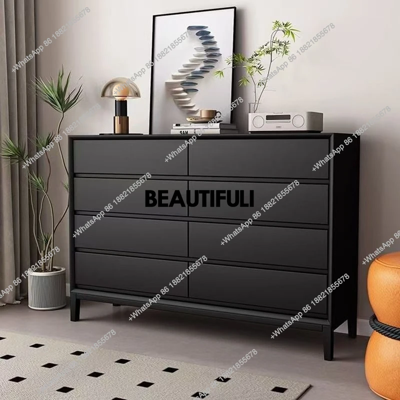 Solid wood eight-bucket drawer side cabinet, chest cabinet, living room against the wall, black locker