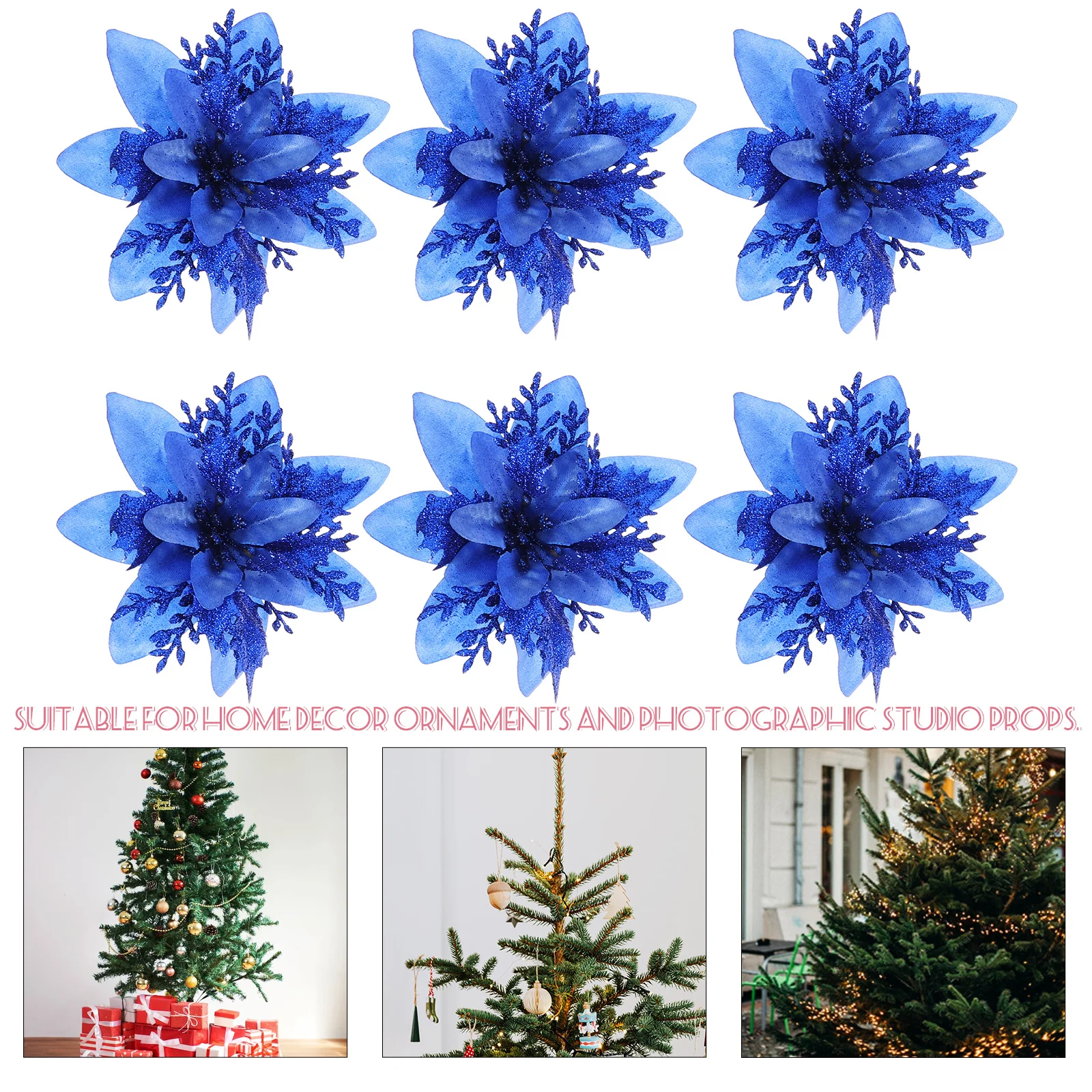 

12Pcs Blue Glitter Decorative Artificial Flowers for Christmas Tree Mantle Centerpiece Bright Fade-Resistant Crafted Fake