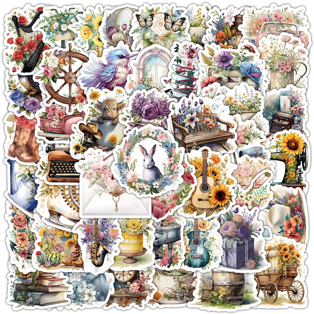

10/30/53PCS Aesthetic Cartoon Flower World Stickers Vintage Cute Decoration Decals for Phone Case Laptop Guitar PVC Sticker Pack