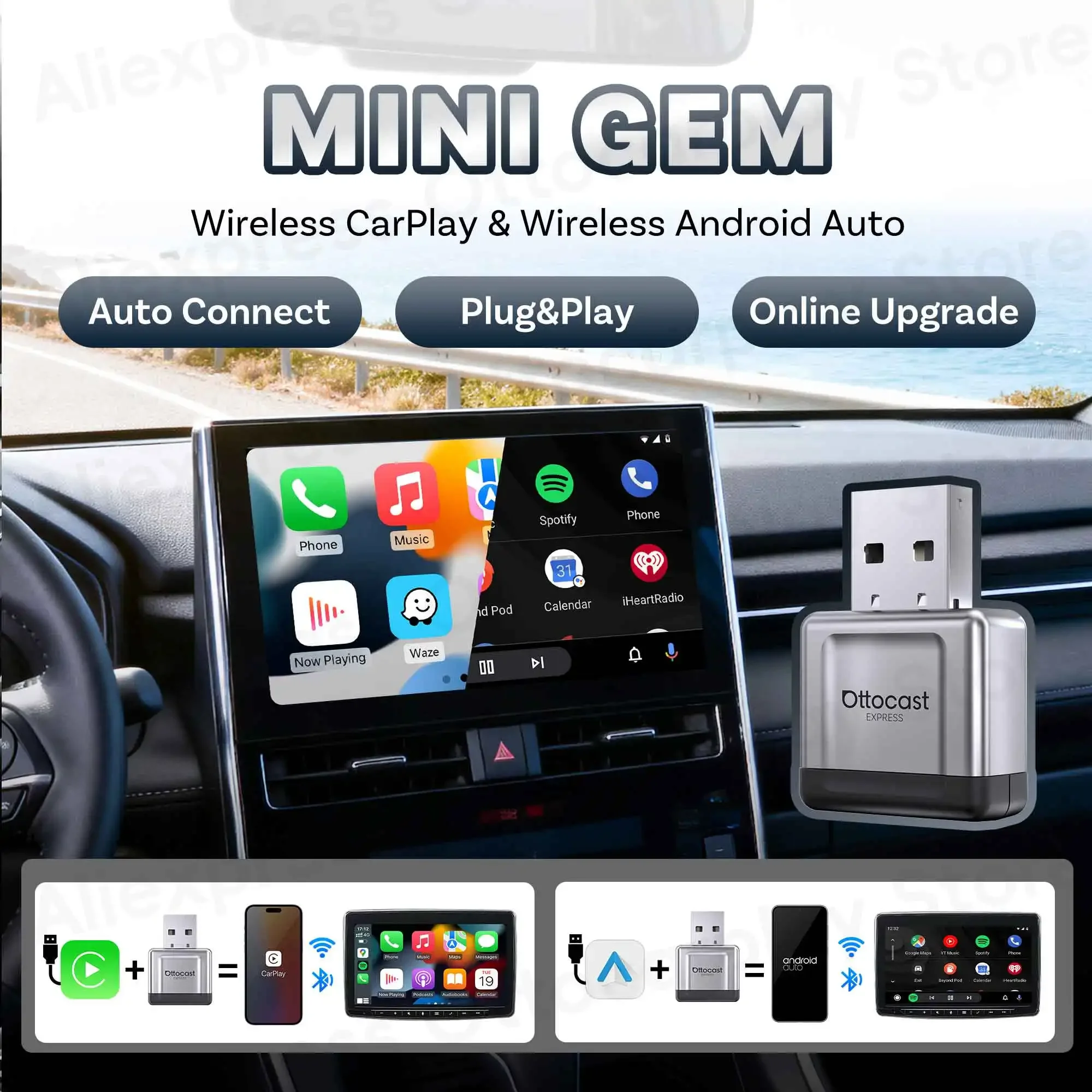 Ottocast Express Mini Gem Cube 3.0 Adapter Wireless Android Auto CarPlay Adapter USB Dongle 2026 New Car Bluetooth Accessories