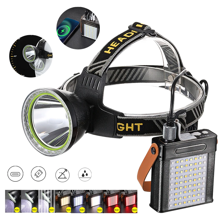 20000mah Super Bright LED Head Flashlight USB Rechargeable Headlamp Power Bank Three Color Camping Fishing Outdoors Headlights