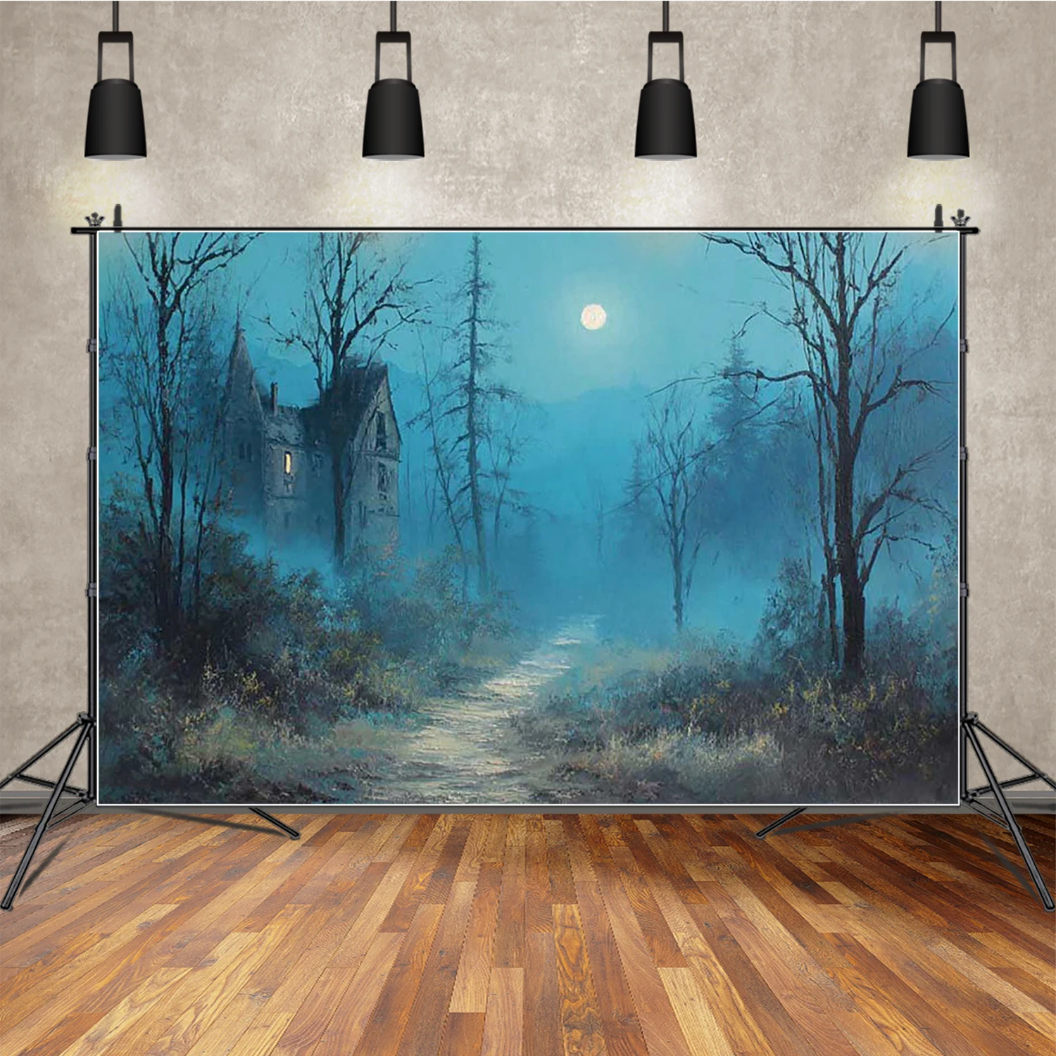 

MOON.QG Moonlit Halloween Castle Backdrop Path Trees Photo Background Poster Photobooth Photocall Wallpaper Props Poster