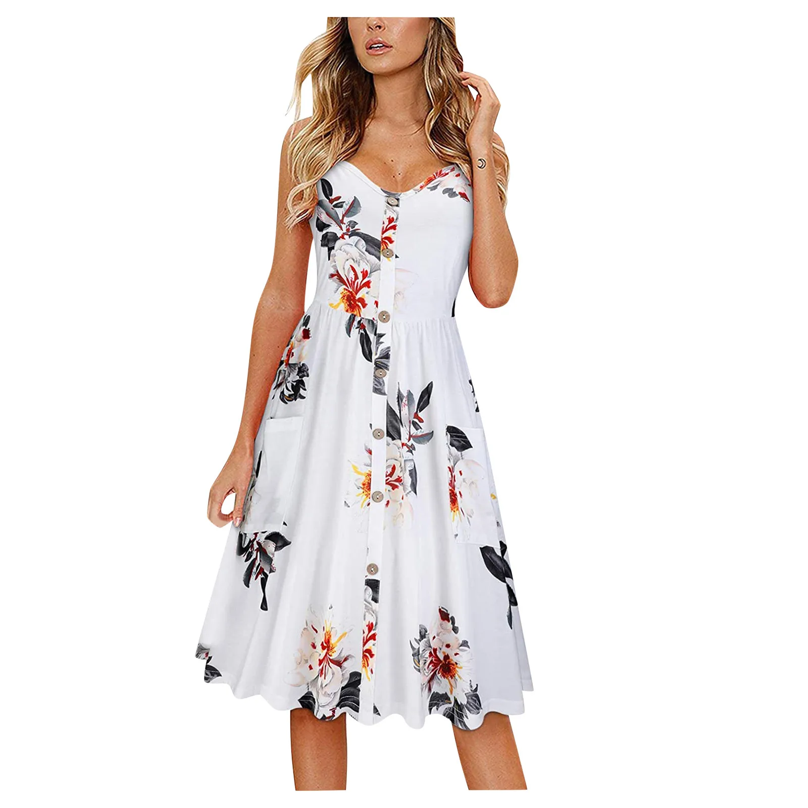 Floral Printed Women Dress 2023 Summer Elegant Solid Slim Beach Style Streetwear V- Neck Sleeveless Casual Knee-Length Dress