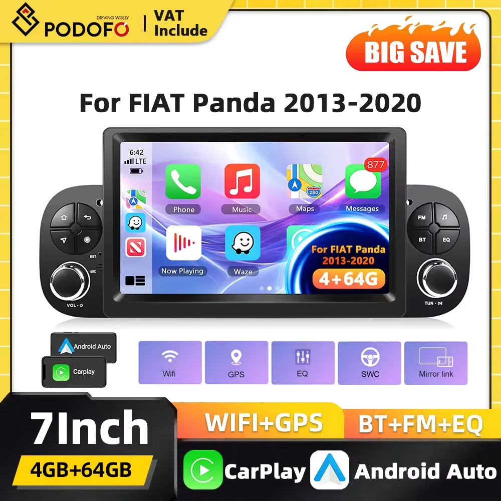 Autoradio 2+64G Con CarPlay E Android Auto Wireless Per Fiat Panda 2013-2020, Podofo Android 13 Con GPS, WiFi, FM, Comandi Al Volante E Telecamera Posteriore AHD
