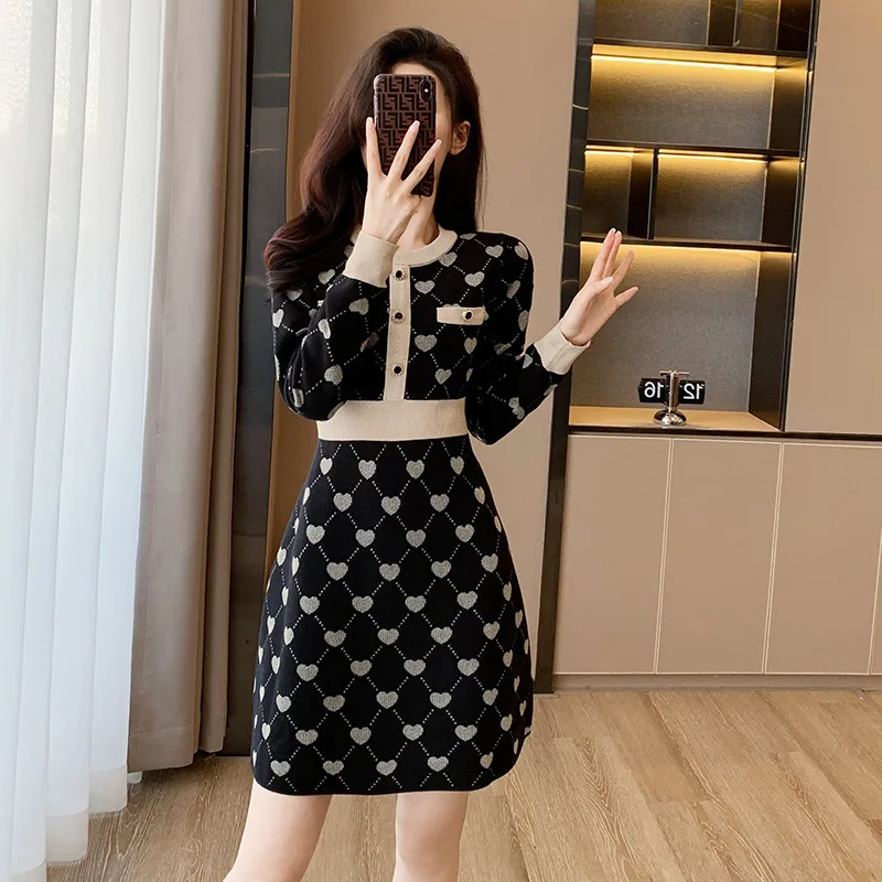 #0962 Black Plaid Kntted Mini Dress Round Neck Buttons High Waisted Vintage Short Vintage Sweater Dress Women Elegant Autumn2023