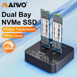 MAIWO 듀얼 베이 M.2 NVME SSD 인클로저 도킹 스테이션, 클론 USB3.1 C 타입 외장 하드 디스크 박스, Gen2X 10Gbps NVME 도킹 스테이션