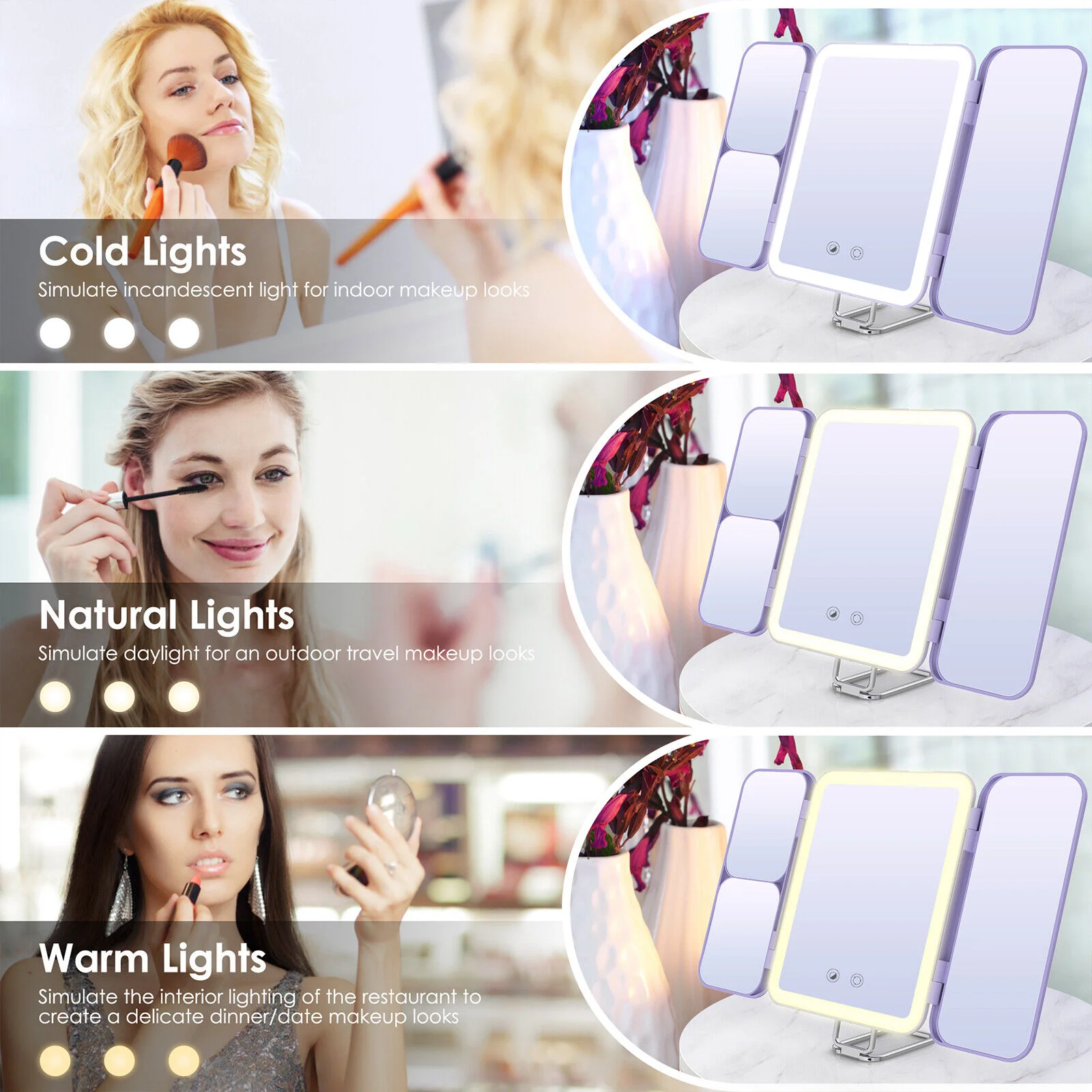 SEJOY Cosmetic Mirror LED Light Strip with 3X/7X Magnification Foldable Portable Touch Control Trifold Makeup Mirror