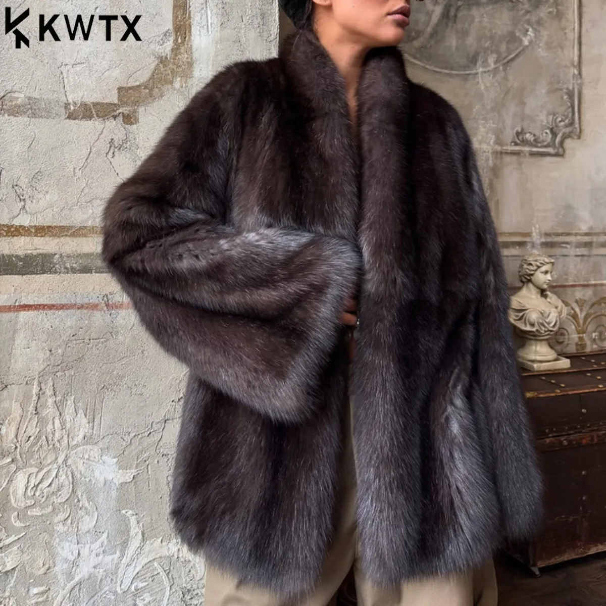 

KWTX коричневая шуба средней длины, женская шуба со скрытыми пуговицами, свободная элегантная верхняя одежда, модное офисное пальто 2025, новое