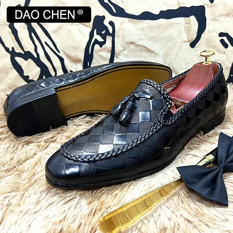 ITALIAN MEN LEATHER SHOES FASHION PLAID PRINT WEAVE CASUAL SHOES BLACK BROWN WEDDING OFFICE DRESS MAN SHOES LOAFERS MEN