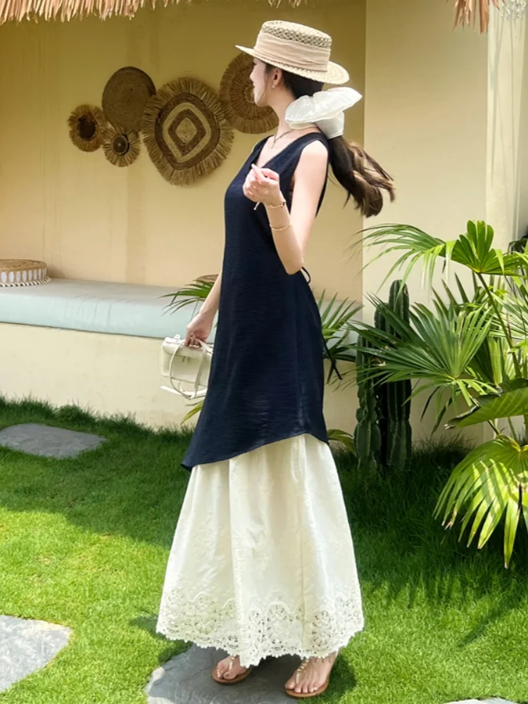 SMTHMA coreano Chic Sexy cuello en V sin mangas vestido Irregular de las mujeres de encaje empalmado cintura delgada falso vestidos largos de dos piezas