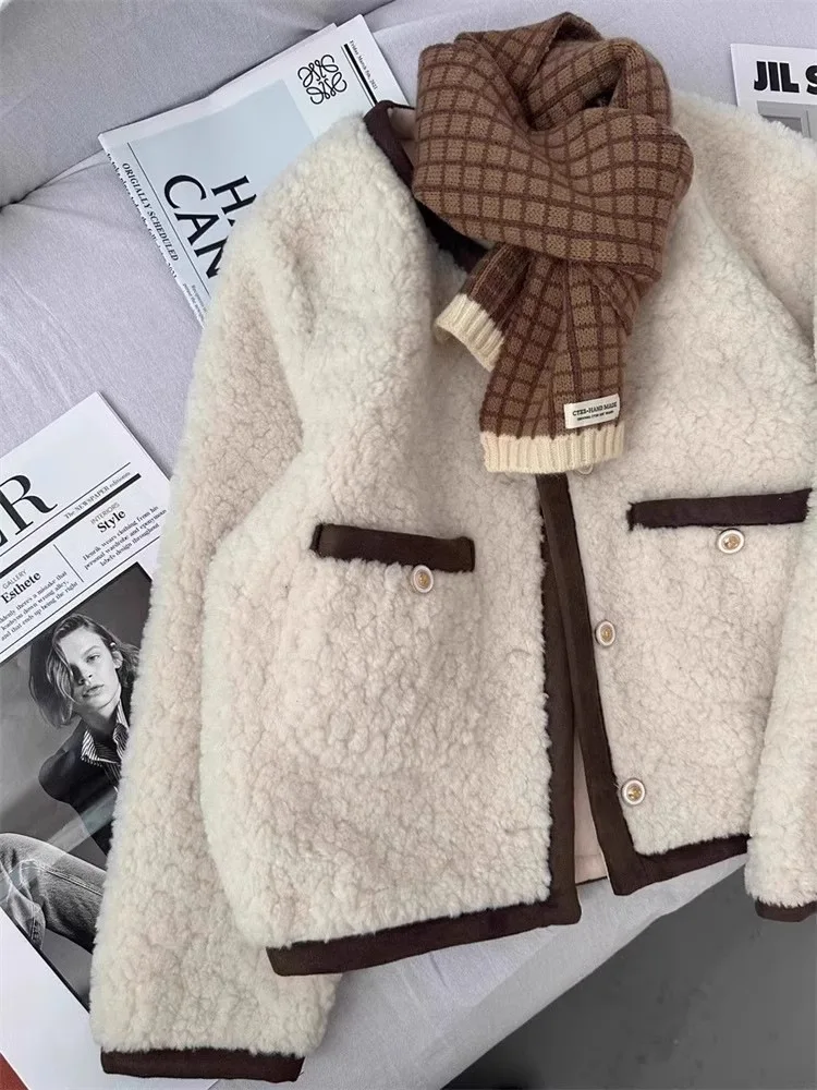 

Coffee Colored Women's Casual Plush Jacket Autumn Winter Warm Single Breasted Top Korean Round Neck Large Pocket Cotton Coat