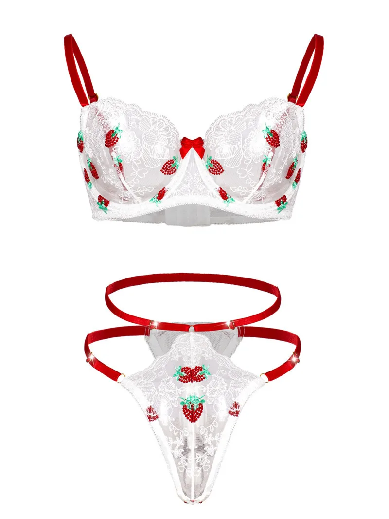 

Sexy Transparent Embroidered Thong Low Waist Erotic Soft Pure Desire Style Two-Piece Charming Sexy Sets For Woman Elegant 1HLW
