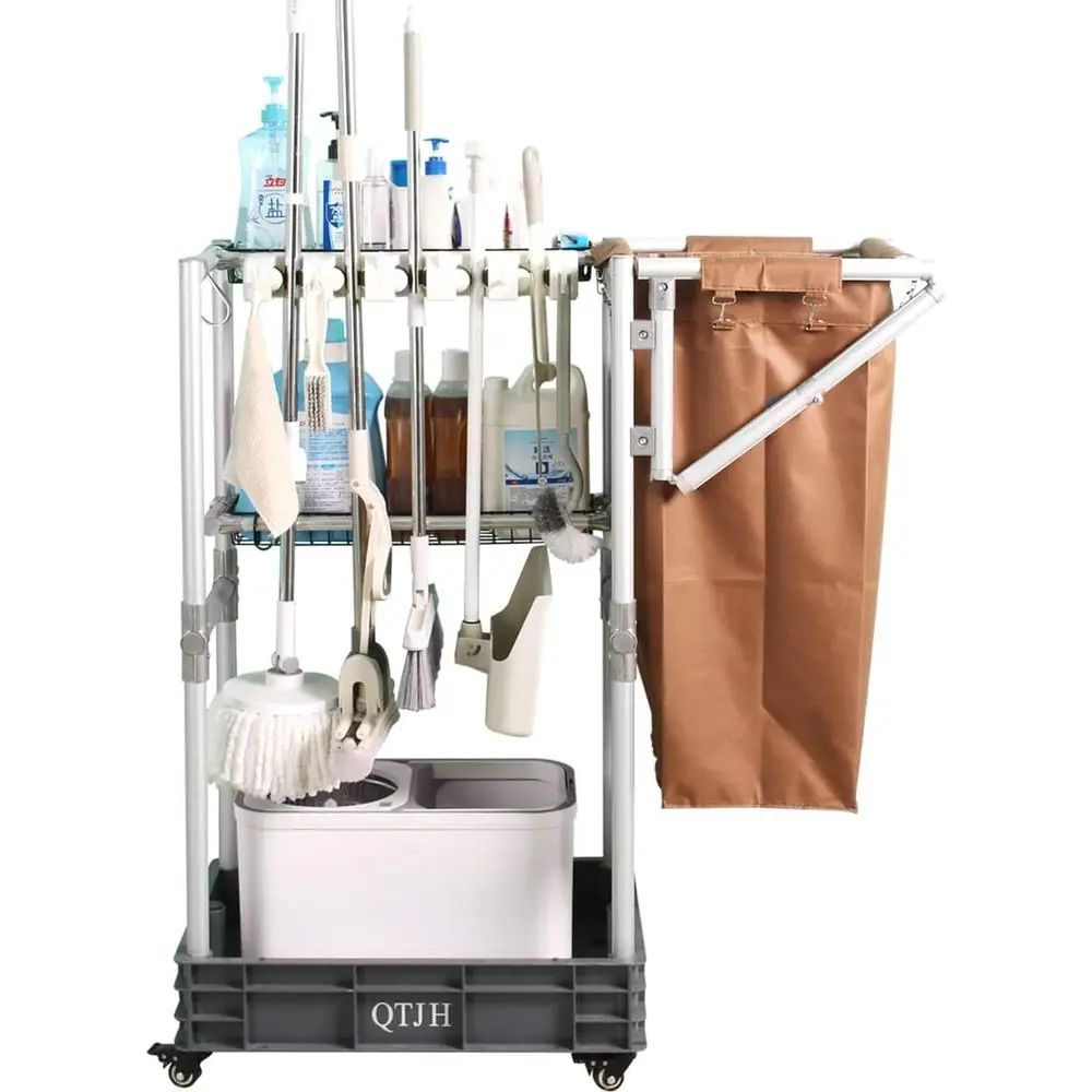 Troli Pembersih dengan Roda, Rak, dan Tempat Penyimpanan Sapu dan Pel
