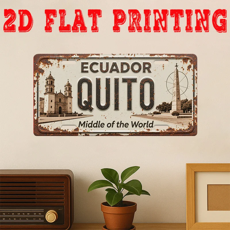 Letrero Metálico de Aluminio HD, Decoración de Pared Estilo Matrícula Vintage de Quito, Ecuador, Centro del Mundo, Retro, Monumento Urbano, Ecuator