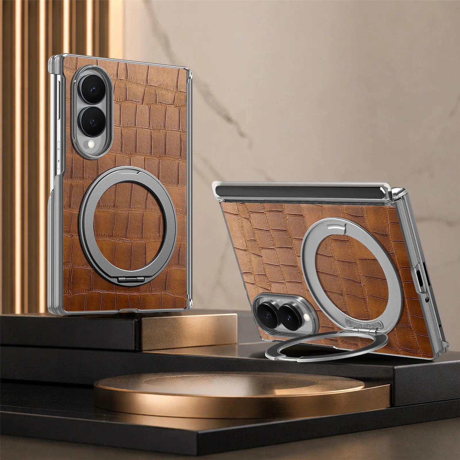 Magnetic Metal Bumper Leather Case for Samsung Z Fold 8 Fold 8 Ultra Stand 360° Rotate Shockproof Protection‌ Cover