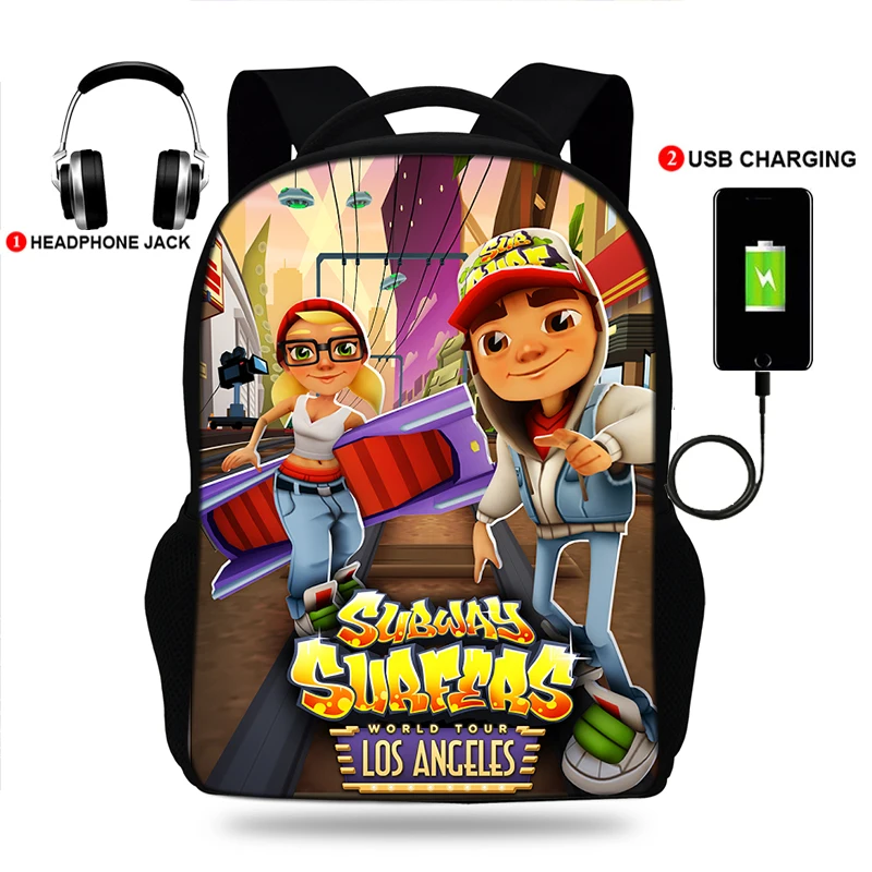 17inch Subway Surfers Game Girls &Boys Backpack Oxford USB Charge Travel Backpack Middle School Students Schoolbag