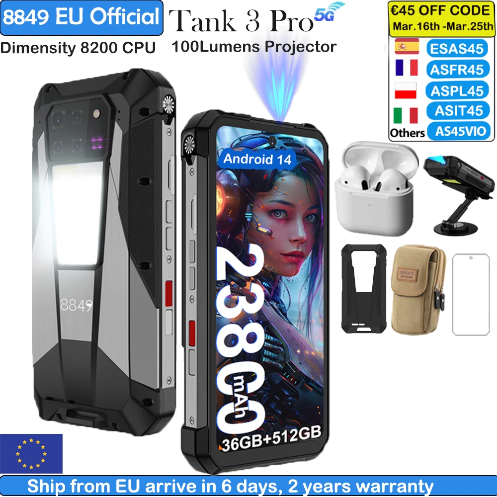 Smartphone robuste Unihertz Projector 8849 Tank 3 Pro, 100 lumens, 5G, 32/36 Go, 512 Go, 23800 mAh, processeur Dimensity 8200