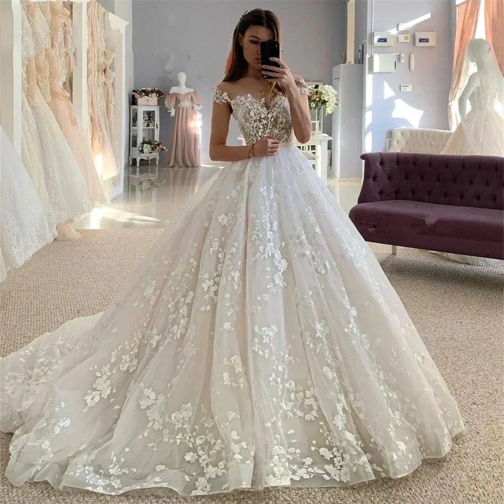 Sleeveless Princess Aline Wedding Dress2025 O-Neck Lace Flowers Beaded Sweep Train Bride Gown Plus Size De Noiva 2025 Customized