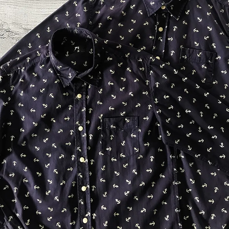 

Retro Waed U-aped Cotton Long Sve Men's irt Slim Fit Anchor Print Faion Urban Sle Autumn Wear Youth Faion