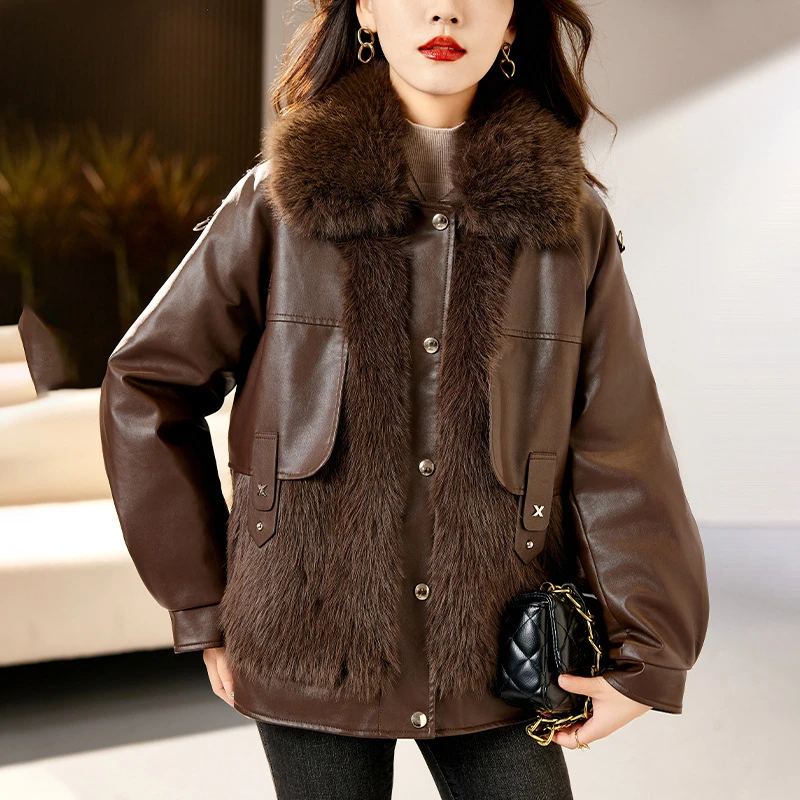 

Autumn Winter cotton-Padded Jacket Warm Leather Jacket Women's Leather Mink Velvet Stitching Pocket Coat With Fur Collar