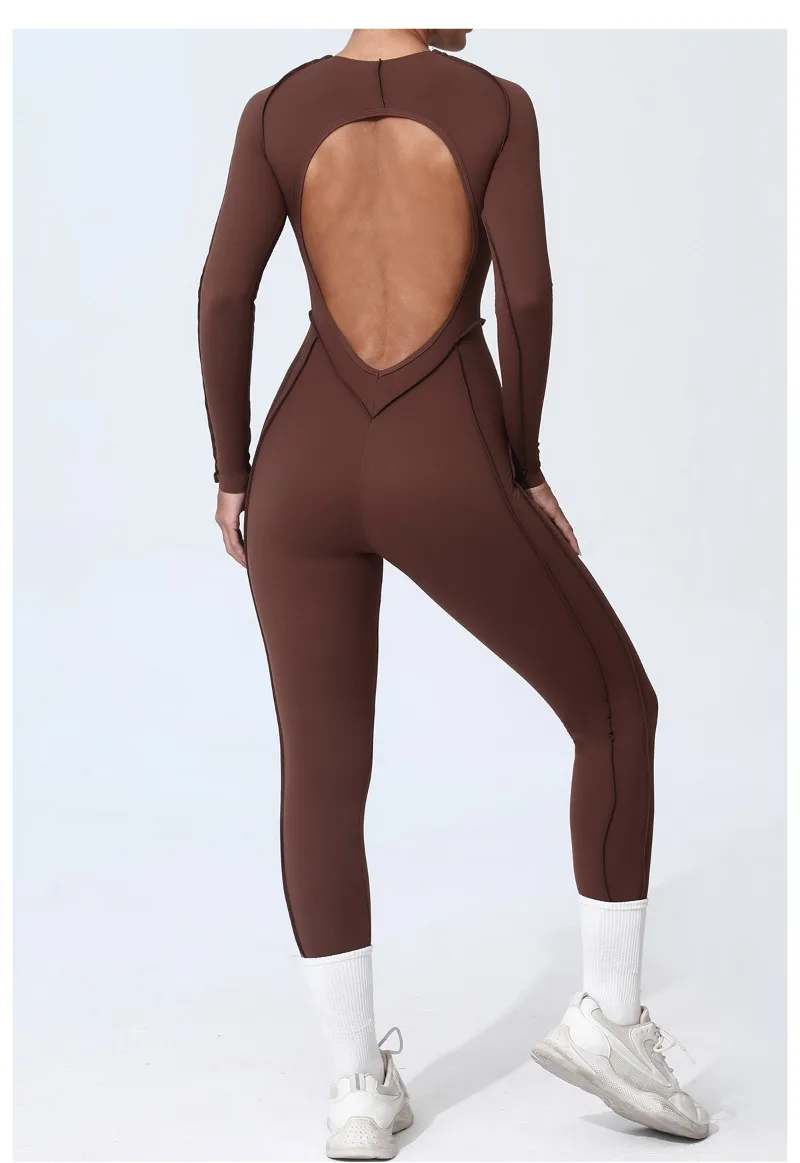 2025 Autunno Inverno Donna Solid Yoga Tute intere Sexy Backless O Collo Manica lunga Slim Allenamento Fitness Tute Abbigliamento sportivo