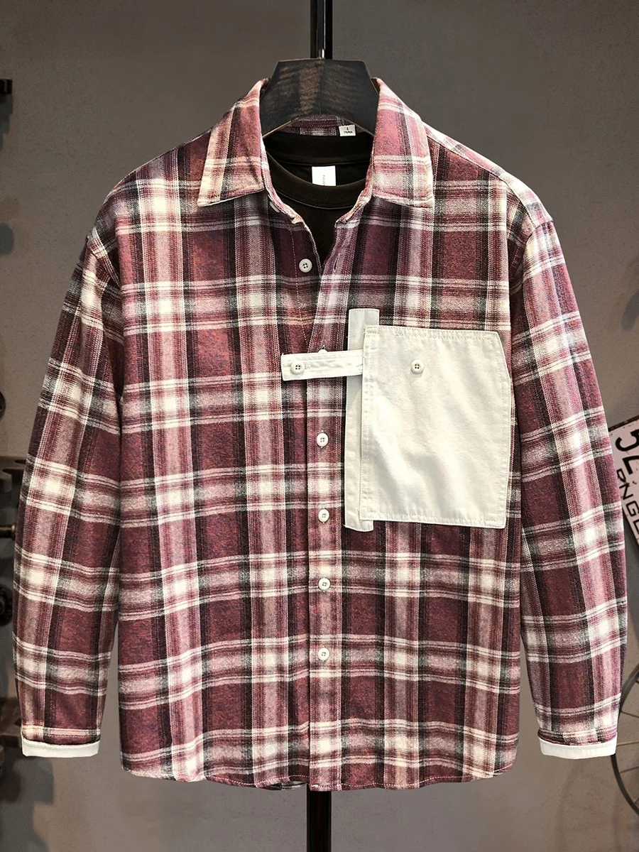 

Модная мужская рубашка в клетку свободного кроя из хлопка с повседневным воротником, в стиле рабочей одежды, весна-осень, американский стиль, дышащая, с длинным рукавом