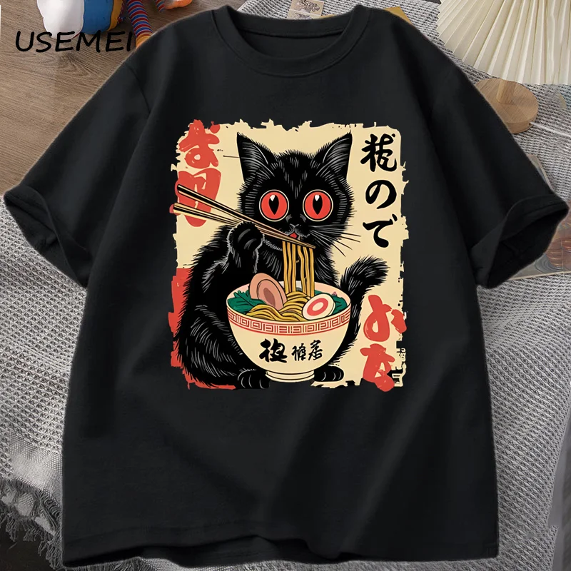 Vintage Japanese Black Cat Ramen T Shirts Cute Graphic Tee Funny Cat Eating Ramen T-Shirt Printing Cotton Short Sleeve Vintage image 2