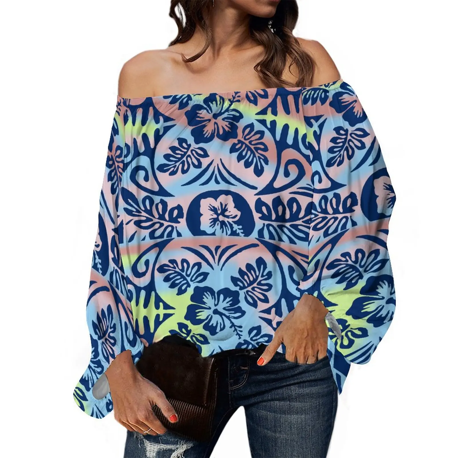 Summer One-Line Shoulder Top Lantern Sleeve Elegant Women'S Polynesian Flower Print Samoan Design Custom Top