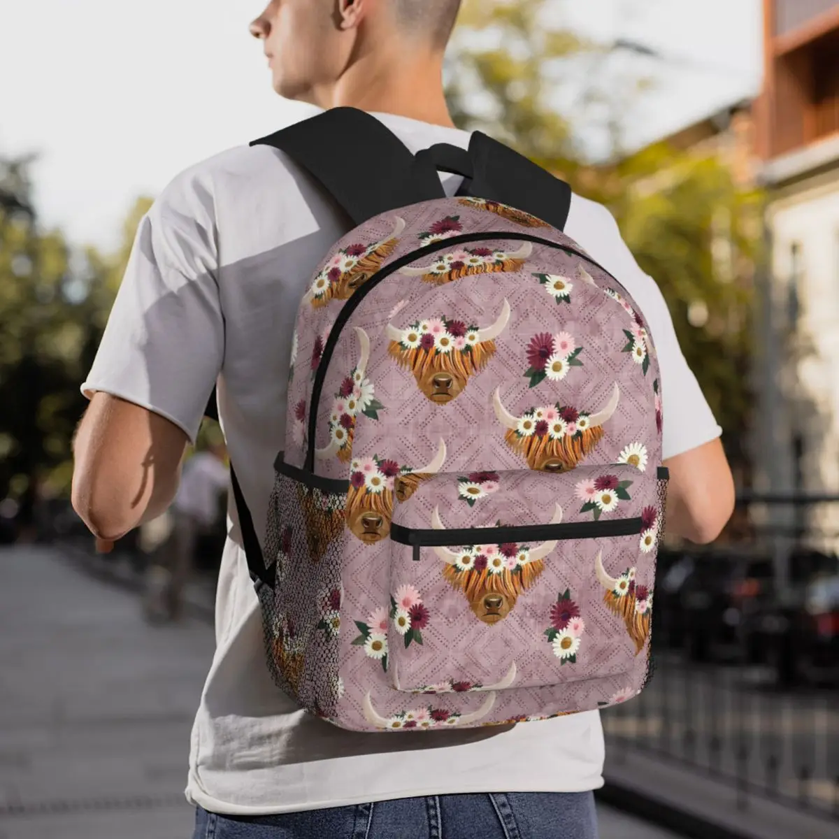 

Floral Crowned Highland Cows On Mauve Backpack Daypack Large Capacity Children BookBag School Bag Shoulder Bags for Men Women