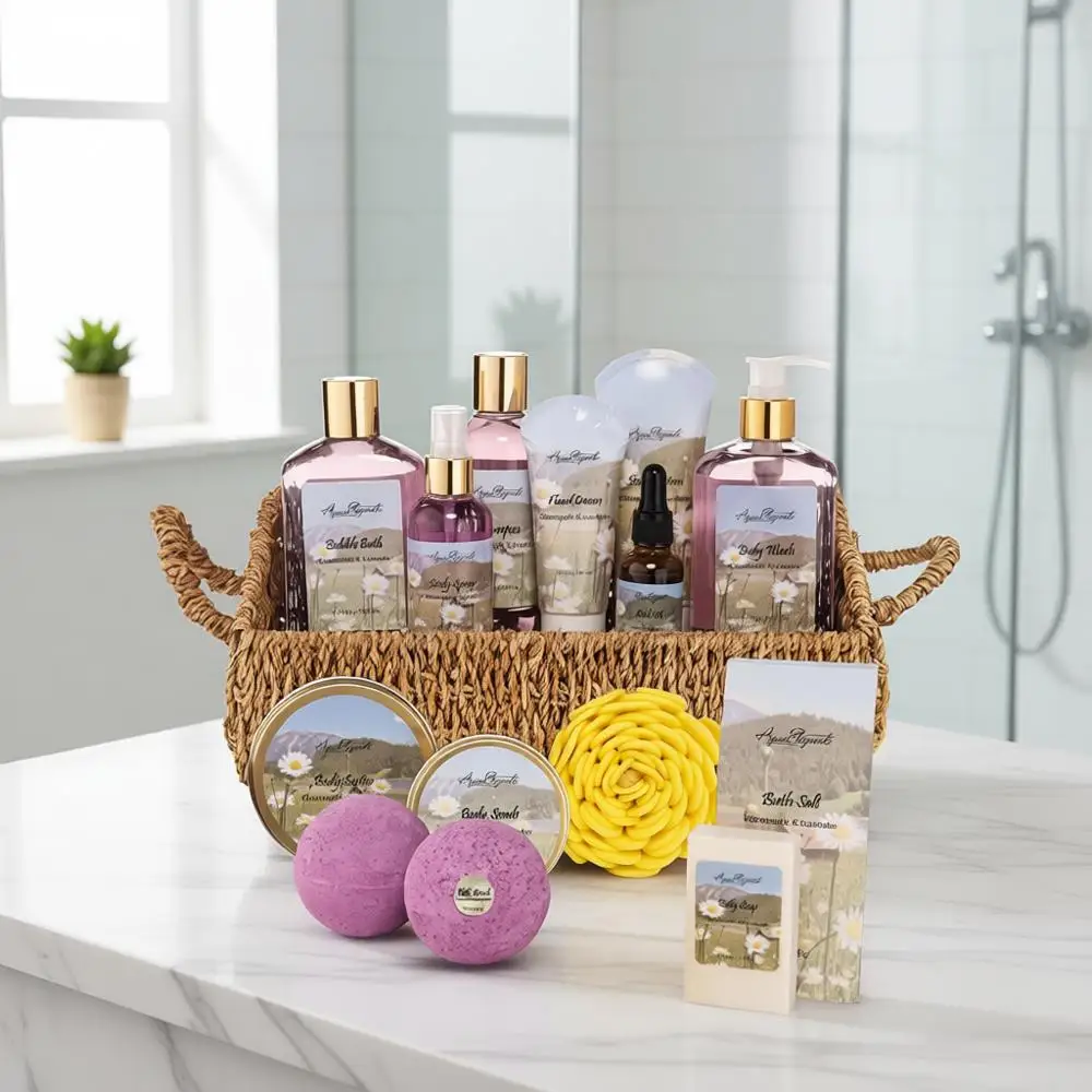 

Роскошный подарочный набор для спа-процедур с лавандой и ромашкой: гель для душа, пена для ванн, лосьон, соли для ванн, скраб, спрей, гель для душа, бомбочки для ванн, мыло, полотенце