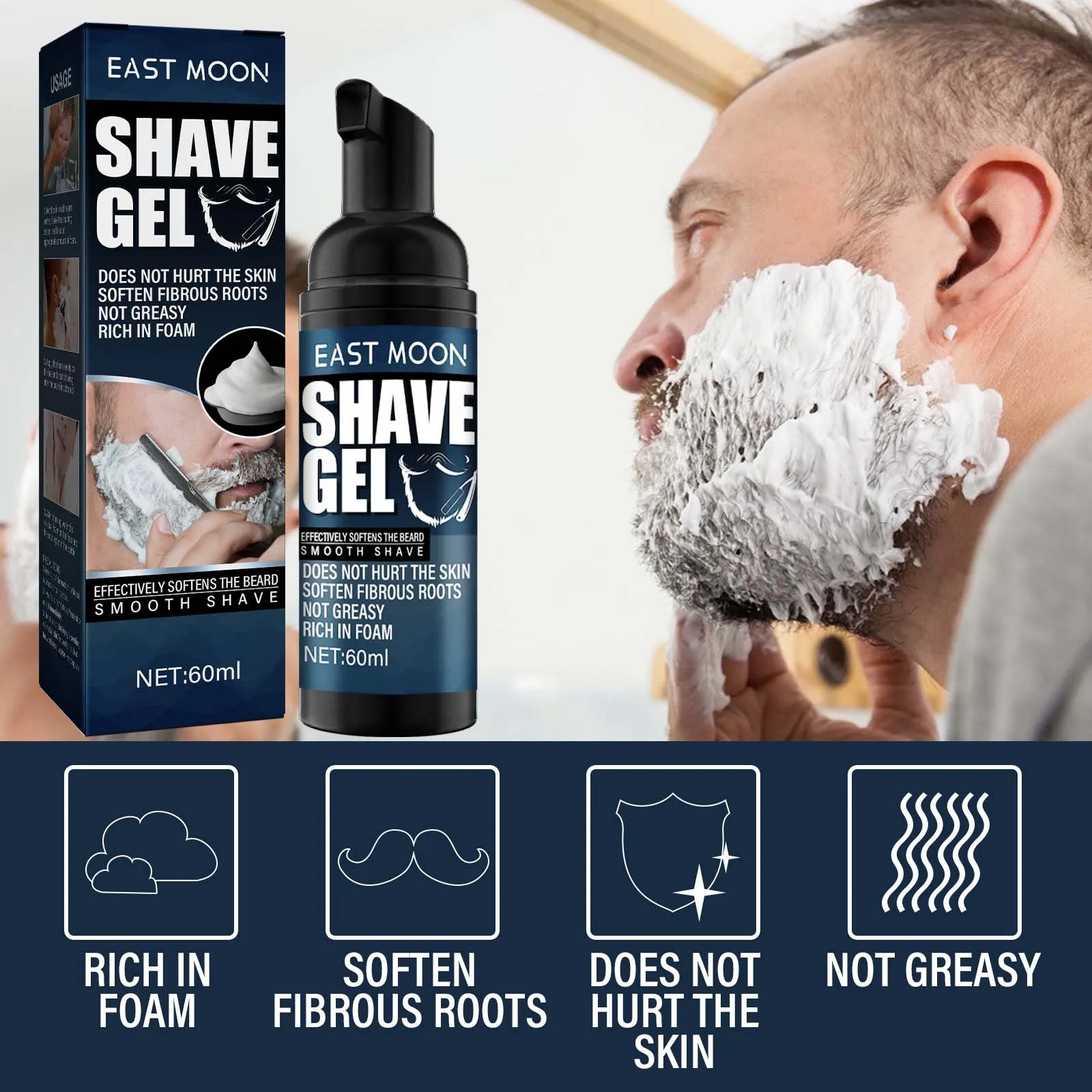 Gel de barbear para homens, Prevenção de corte, Amaciar a barba, Anti alergia, Limpeza indolor, Suave, Proteja a pele, Confortável, Creme de barbear