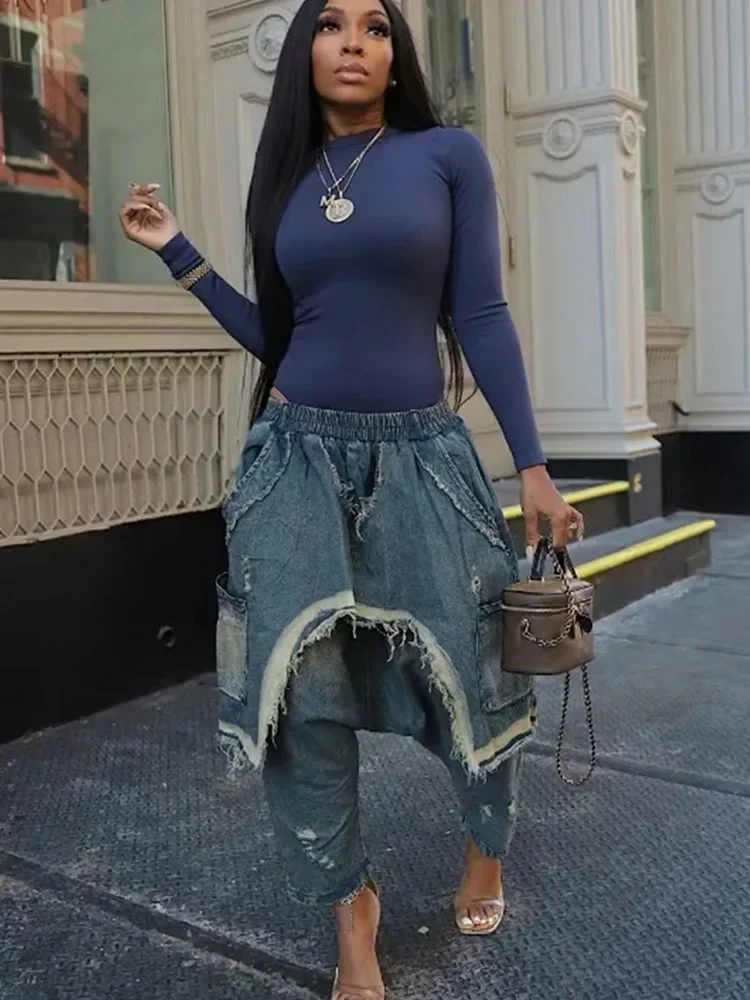 الشارع الشهير ممزق هول سراويلي حريمي للنساء ملابس Y2K الجينز Harajuku جيوب الموضة فضفاضة سراويل جينز بنطلونات فام