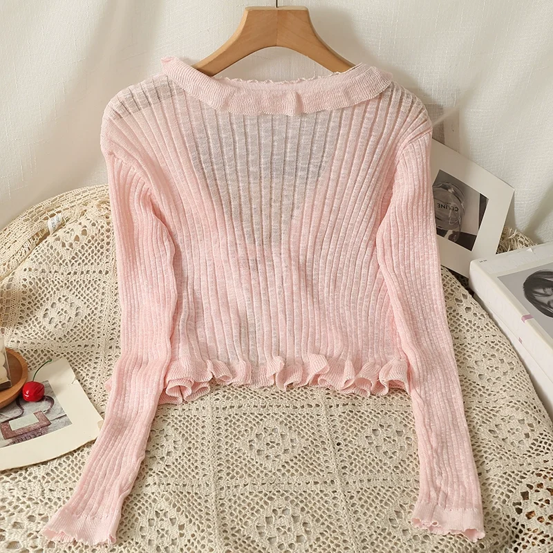 Summer Ruffles Cardigan Slim Women Casual Transparent Sweater Shirts Lady Thin Solid Coats Female Crop Top