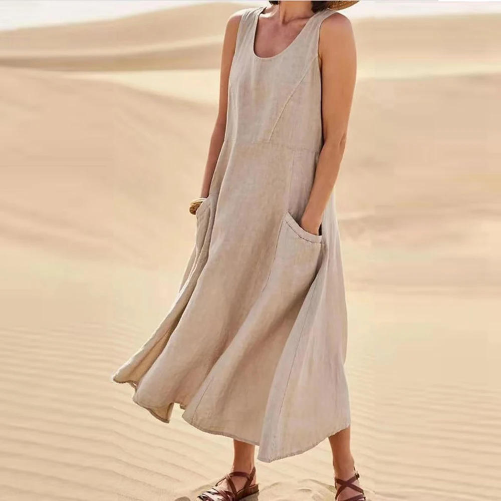 Abito senza maniche in lino di cotone per donna Gonna pullover estiva Abiti Moda femminile Abbigliamento Abito lungo ampio a maniche corte