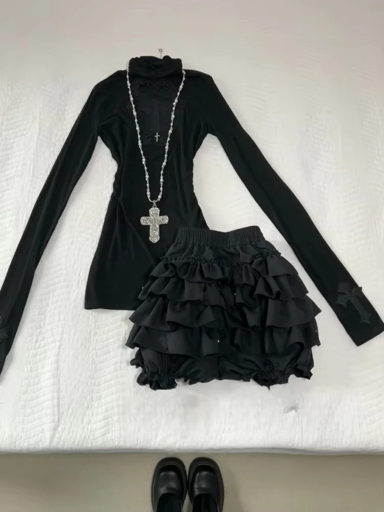 

Long Sleeve Sexy Y2k Two Piece Set Women High Neck Lace Tees + Mini Pleated Skirts Suit Black Gothic 2000s Streetwear Clothing