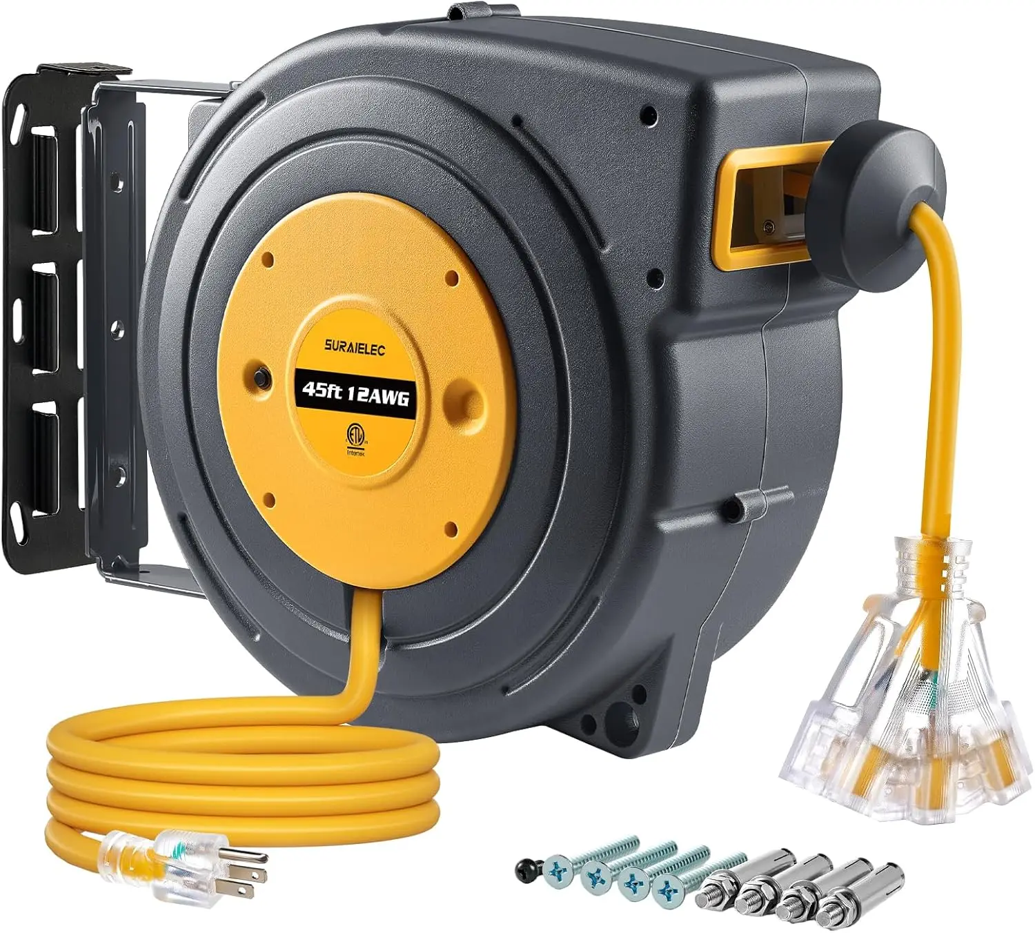 12 Gauge Extension Cord Reel, 45 FT Retractable Extension Cord, 12 AWG/3C SJTOW Heavy Duty Power Cord, 15 AMP Circuit Breaker