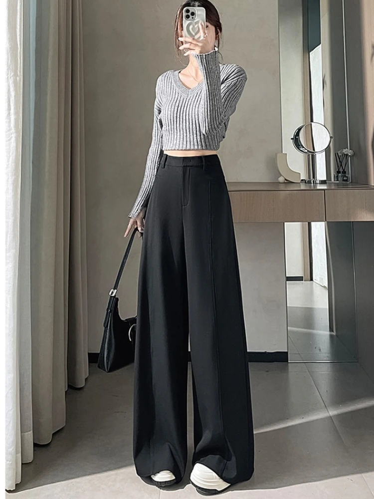 

Утолщенный узкий костюм, широкие брюки, женские осенне-зимние брюки 2025 года, новые прямые брюки с высокой талией, высококачественные напольные брюки